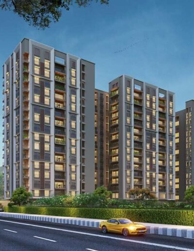 Aerial perspective of Mahima Valenza's three residential towers amidst landscaped greenery