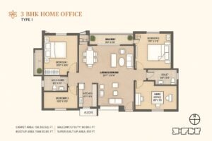 2D floor plan of a 3 BHK home office (Type 1) featuring three bedrooms, a living and dining area, kitchen, home office, utility space, and balcony.