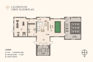 2D clubhouse first floor plan with designated areas for gym, reading, indoor games, lobby, and a home theater.